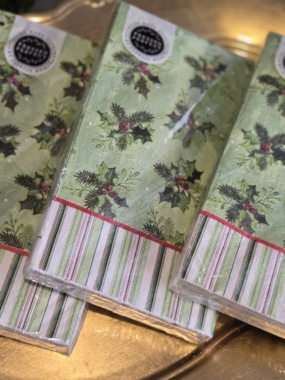 Holiday Holly & Stripe Cocktail Napkins - Green